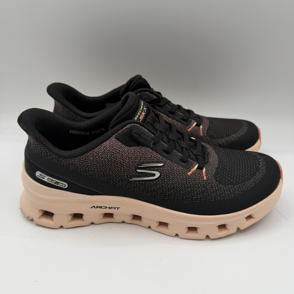 Skechers SKX Arch Fit Glide Vegan Shoes Womens 7.5 Black Coral Slip-Ins Sneakers